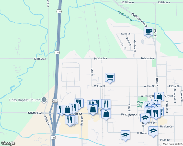 map of restaurants, bars, coffee shops, grocery stores, and more near 516 Mill Street in Wayland
