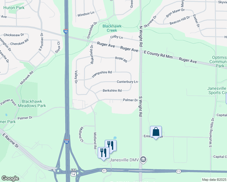 map of restaurants, bars, coffee shops, grocery stores, and more near 3329 Berkshire Road in Janesville