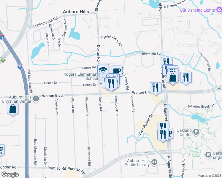 map of restaurants, bars, coffee shops, grocery stores, and more near 3033 East Walton Boulevard in Auburn Hills