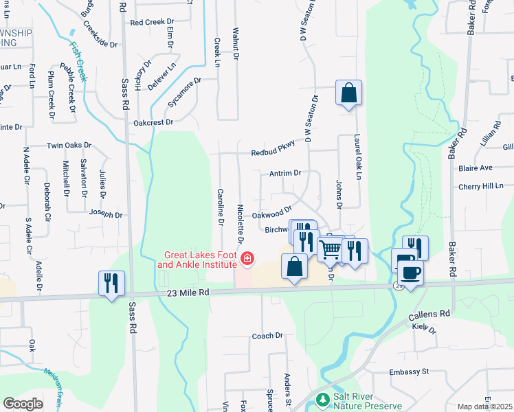 map of restaurants, bars, coffee shops, grocery stores, and more near 51363 Providence Drive in New Baltimore
