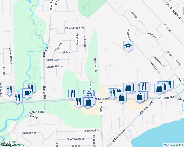 map of restaurants, bars, coffee shops, grocery stores, and more near 34869 Galway Drive in New Baltimore