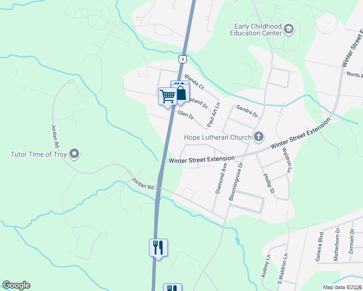 map of restaurants, bars, coffee shops, grocery stores, and more near 106 Birch Street in Troy