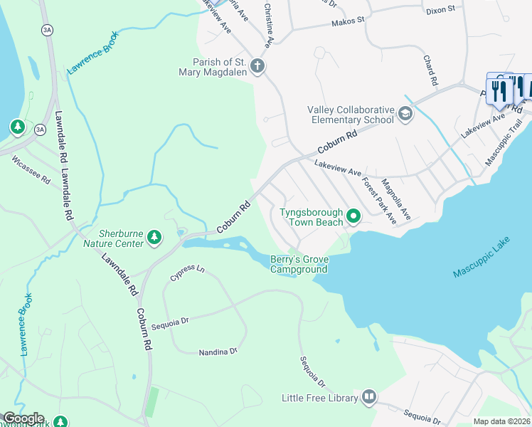 map of restaurants, bars, coffee shops, grocery stores, and more near 17 Beech Street in Tyngsborough