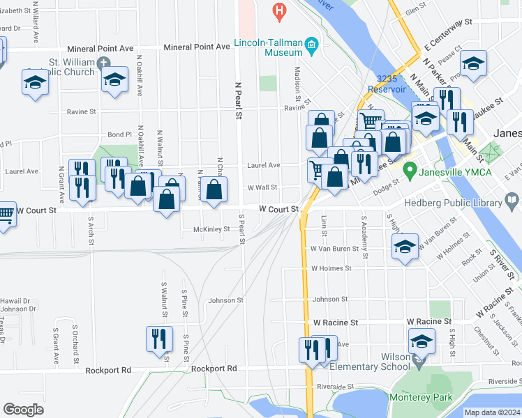 map of restaurants, bars, coffee shops, grocery stores, and more near 5 South Washington Street in Janesville
