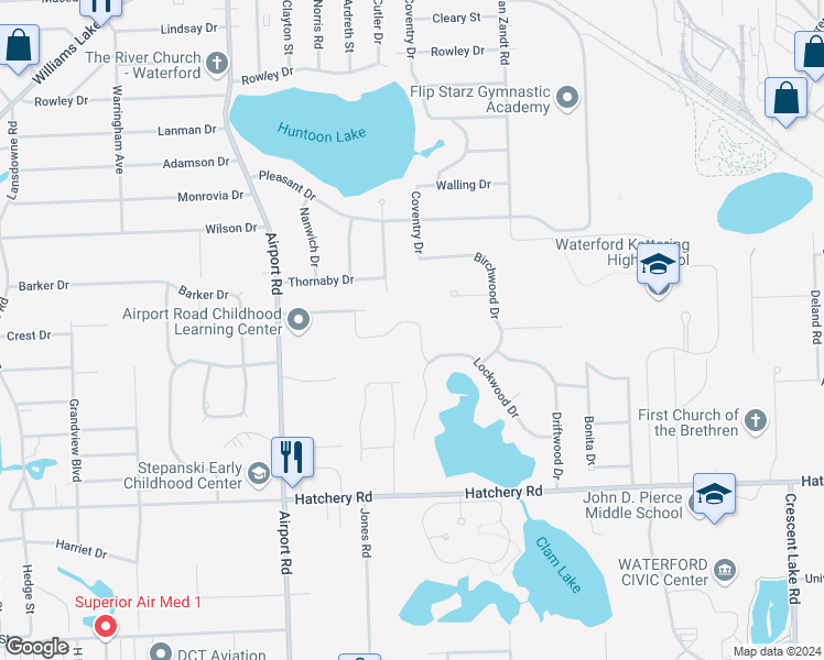 map of restaurants, bars, coffee shops, grocery stores, and more near 2745 Moosewood Drive in Waterford Township