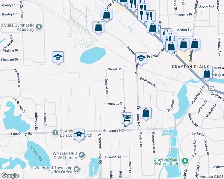 map of restaurants, bars, coffee shops, grocery stores, and more near 2830 Deland Road in Waterford Township