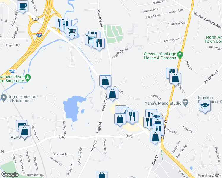 map of restaurants, bars, coffee shops, grocery stores, and more near 4 Turnpike Street in North Andover