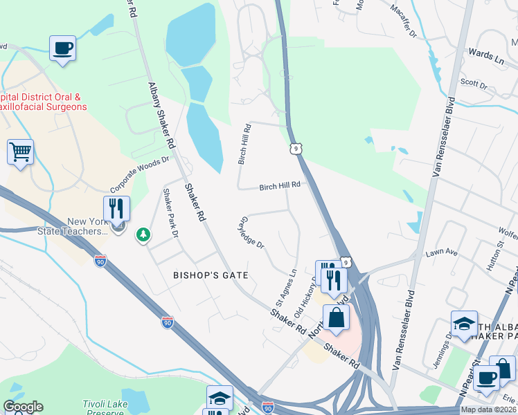 map of restaurants, bars, coffee shops, grocery stores, and more near 9 Greyledge Drive in Albany