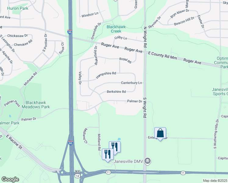 map of restaurants, bars, coffee shops, grocery stores, and more near 3329 Berkshire Road in Janesville