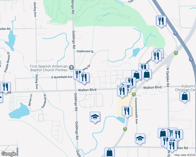 map of restaurants, bars, coffee shops, grocery stores, and more near 34 Grantour Court in Pontiac