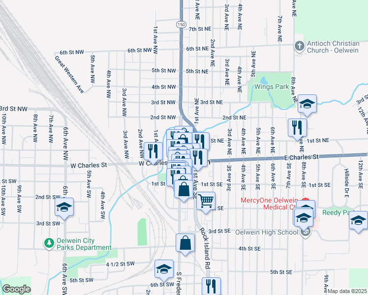 map of restaurants, bars, coffee shops, grocery stores, and more near 25 North Frederick Avenue in Oelwein