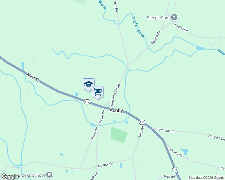 map of restaurants, bars, coffee shops, grocery stores, and more near 66 New Ipswich Road in Ashby