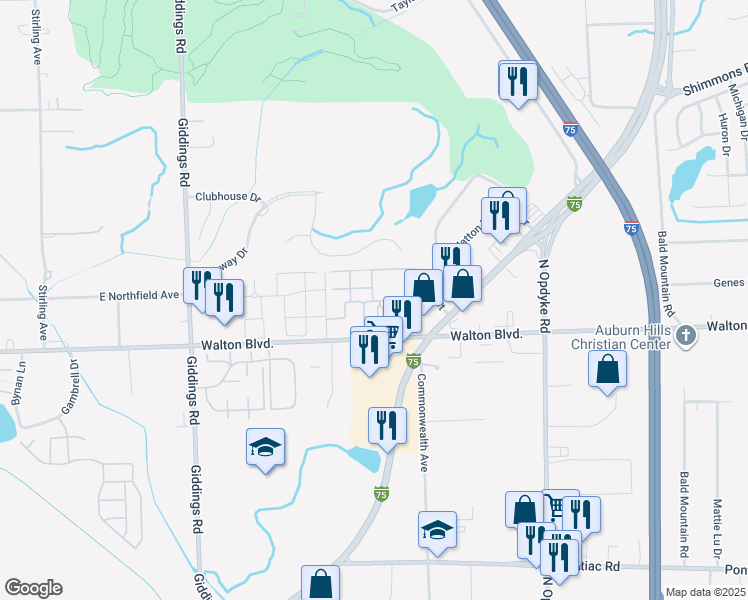 map of restaurants, bars, coffee shops, grocery stores, and more near 1289 Circle Drive in Pontiac