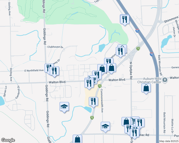 map of restaurants, bars, coffee shops, grocery stores, and more near 1289 Circle Drive in Pontiac