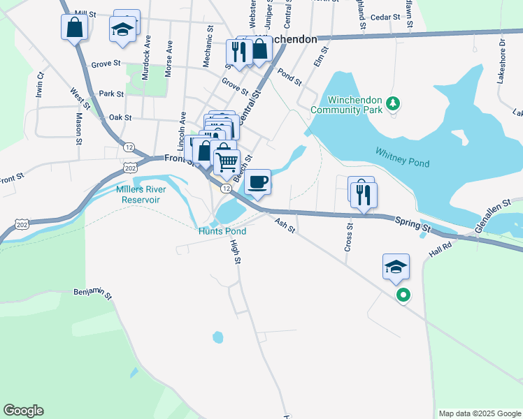 map of restaurants, bars, coffee shops, grocery stores, and more near 118 Spring Street in Winchendon