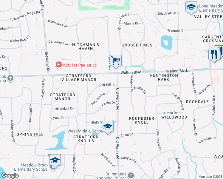 map of restaurants, bars, coffee shops, grocery stores, and more near 2063 Wayward Dr in Rochester Hills