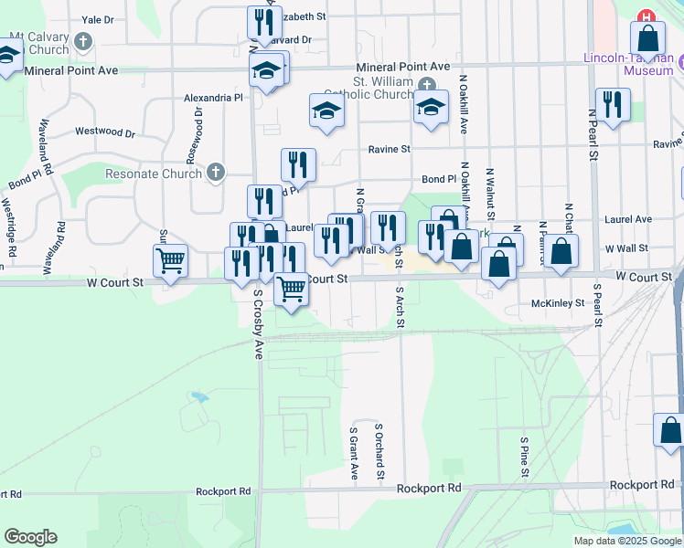 map of restaurants, bars, coffee shops, grocery stores, and more near 2206 West Court Street in Janesville