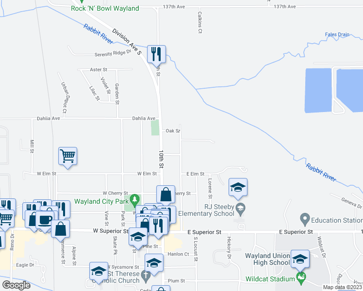 map of restaurants, bars, coffee shops, grocery stores, and more near 522 Forrest Street in Wayland