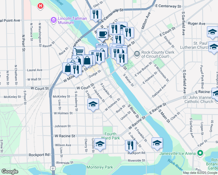 map of restaurants, bars, coffee shops, grocery stores, and more near 111 McKinley Street in Janesville