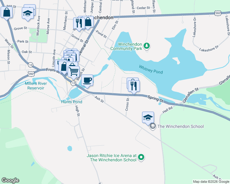 map of restaurants, bars, coffee shops, grocery stores, and more near 190 Spring Street in Winchendon