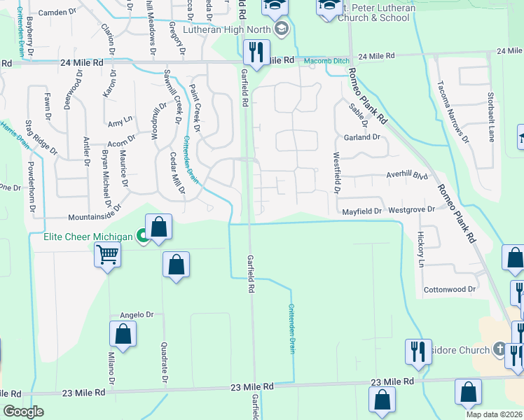 map of restaurants, bars, coffee shops, grocery stores, and more near 52112 Heatherstone Avenue in Macomb