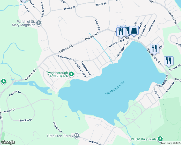 map of restaurants, bars, coffee shops, grocery stores, and more near 46 Mascuppic Trail in Tyngsborough