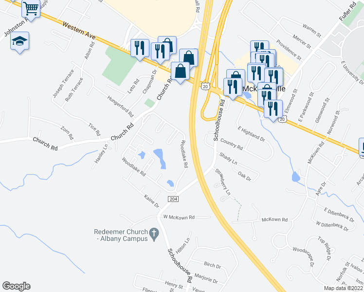map of restaurants, bars, coffee shops, grocery stores, and more near 51 Woodlake Road in Albany