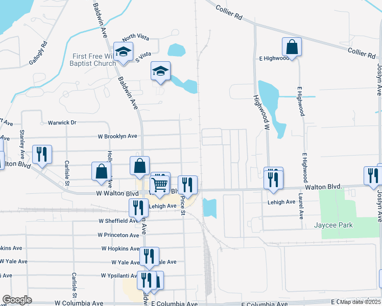 map of restaurants, bars, coffee shops, grocery stores, and more near 118 East Chicago Avenue in Pontiac