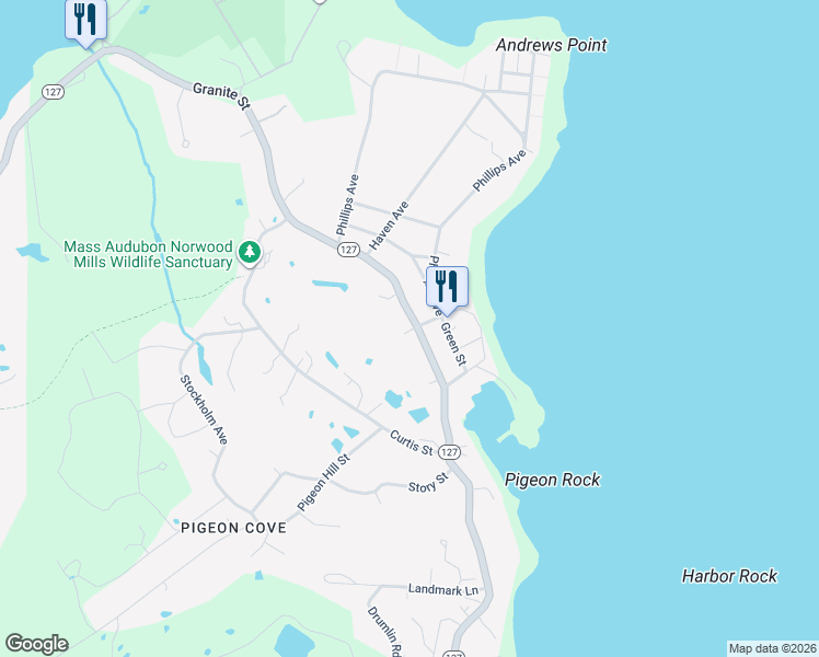 map of restaurants, bars, coffee shops, grocery stores, and more near 176 Granite St in Rockport