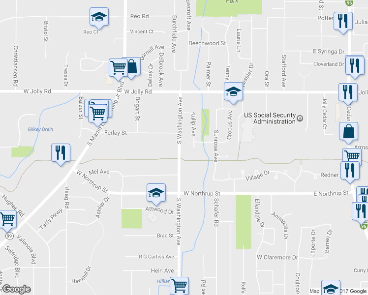 map of restaurants, bars, coffee shops, grocery stores, and more near 5327 South Washington Avenue in Lansing