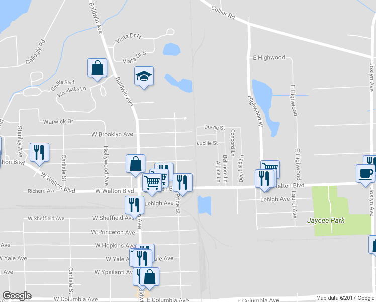map of restaurants, bars, coffee shops, grocery stores, and more near 118 East Chicago Avenue in Pontiac
