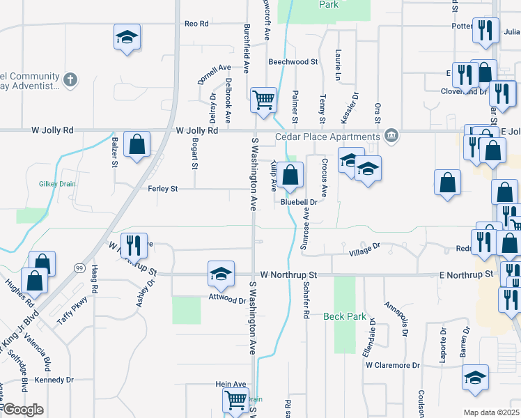 map of restaurants, bars, coffee shops, grocery stores, and more near 5327 South Washington Avenue in Lansing