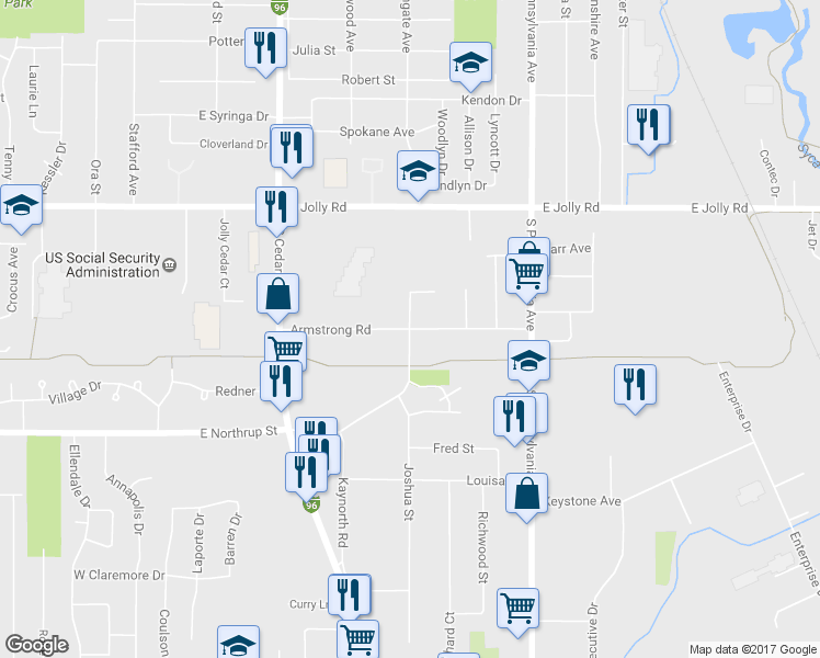map of restaurants, bars, coffee shops, grocery stores, and more near Armstrong Road in Lansing