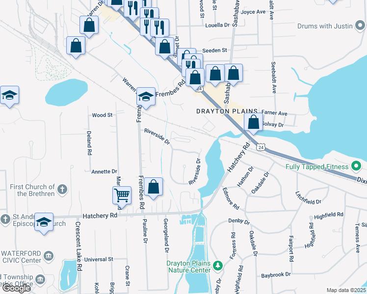map of restaurants, bars, coffee shops, grocery stores, and more near 4592 Streamside Trail in Waterford Township