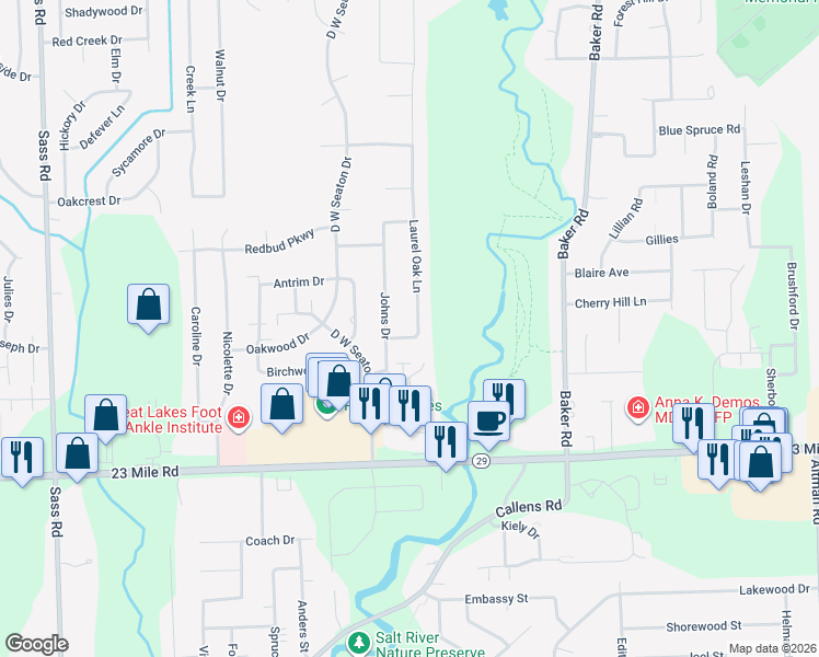 map of restaurants, bars, coffee shops, grocery stores, and more near 51455 Laurel Oak Lane in New Baltimore
