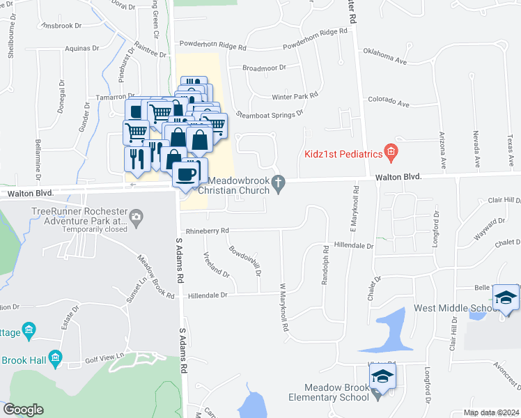 map of restaurants, bars, coffee shops, grocery stores, and more near 2854 Trailwood Drive in Rochester Hills