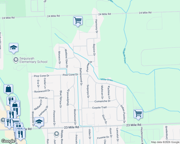 map of restaurants, bars, coffee shops, grocery stores, and more near 19787 Pine Cone Drive in Macomb