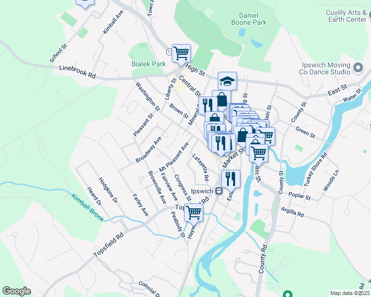 map of restaurants, bars, coffee shops, grocery stores, and more near 10 Mount Pleasant Avenue in Ipswich