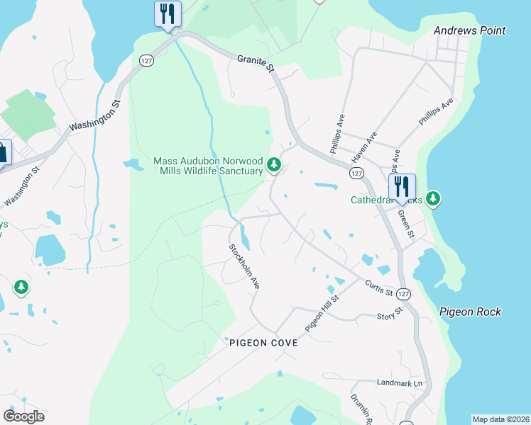 map of restaurants, bars, coffee shops, grocery stores, and more near 54 Curtis Street in Rockport