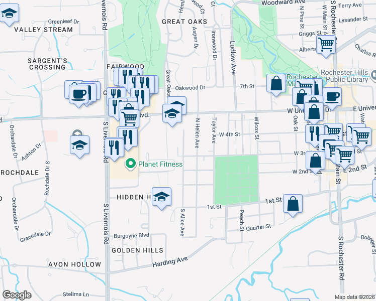 map of restaurants, bars, coffee shops, grocery stores, and more near 312 North Alice Avenue in Rochester