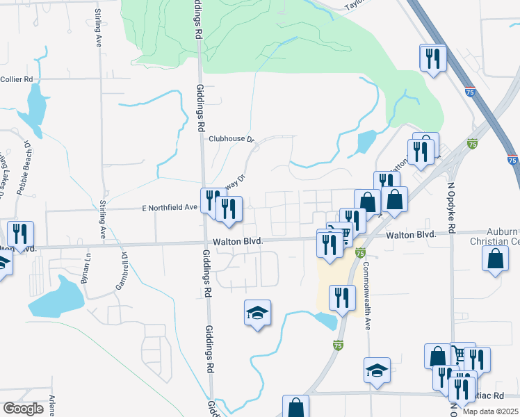 map of restaurants, bars, coffee shops, grocery stores, and more near 34 Grantour Court in Pontiac