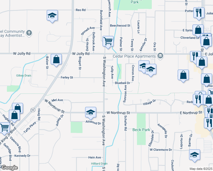 map of restaurants, bars, coffee shops, grocery stores, and more near 5327 South Washington Avenue in Lansing
