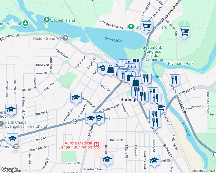 map of restaurants, bars, coffee shops, grocery stores, and more near 140 Lewis St in Burlington