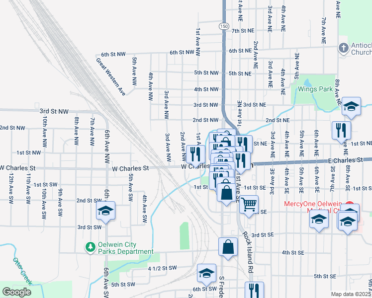 map of restaurants, bars, coffee shops, grocery stores, and more near 100-198 2nd Ave NW in Oelwein