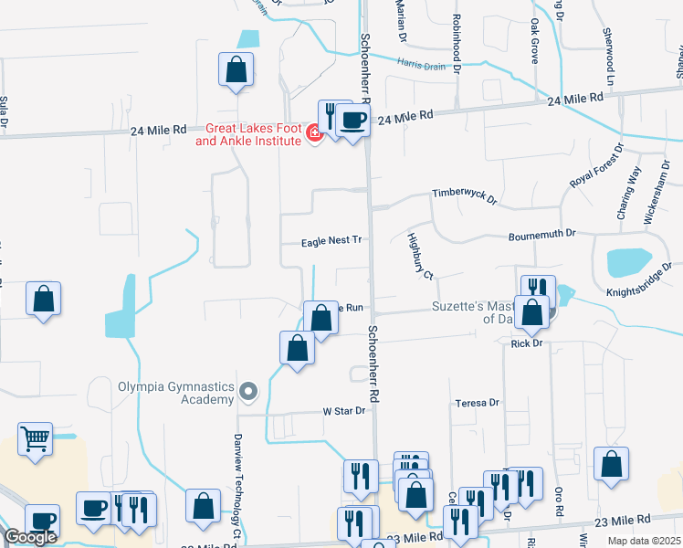 map of restaurants, bars, coffee shops, grocery stores, and more near 13484 Brampton Court in Macomb County
