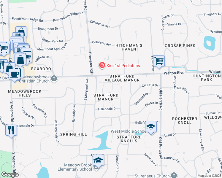 map of restaurants, bars, coffee shops, grocery stores, and more near 87 Manor Way in Rochester Hills