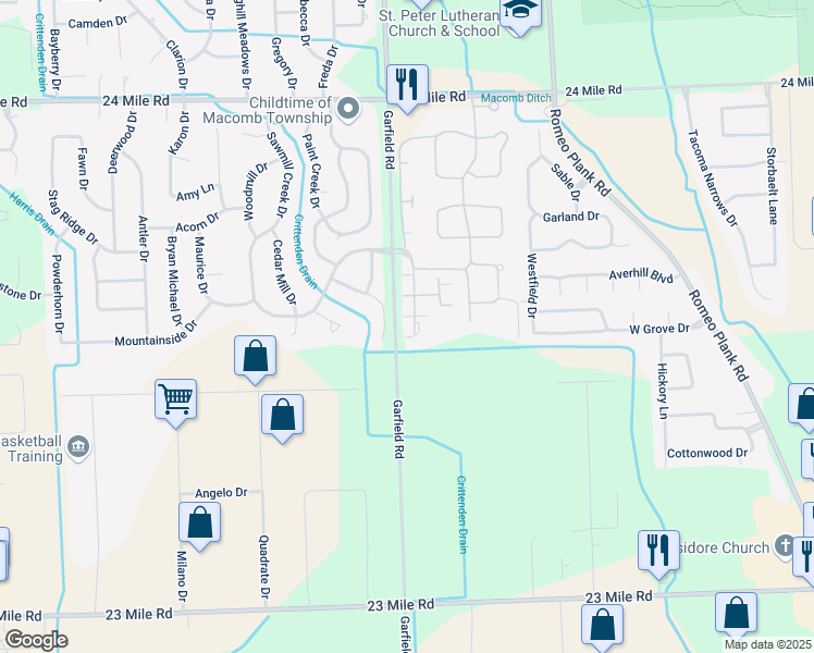 map of restaurants, bars, coffee shops, grocery stores, and more near 52175 Heatherstone Avenue in Macomb