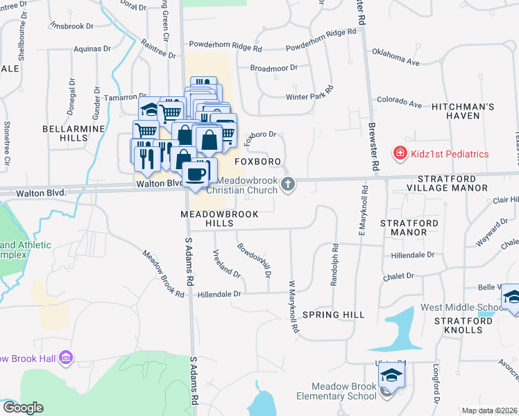 map of restaurants, bars, coffee shops, grocery stores, and more near 2864 Trailwood Drive in Rochester Hills