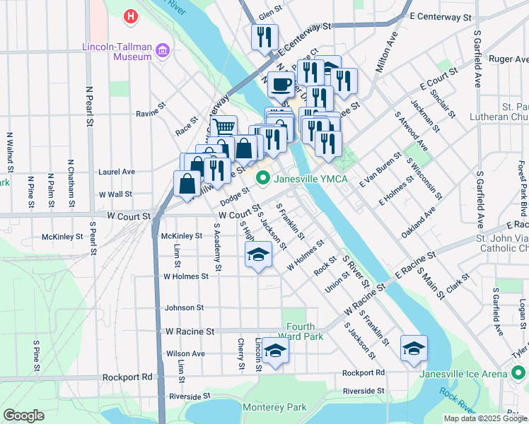 map of restaurants, bars, coffee shops, grocery stores, and more near 109 South Jackson Street in Janesville