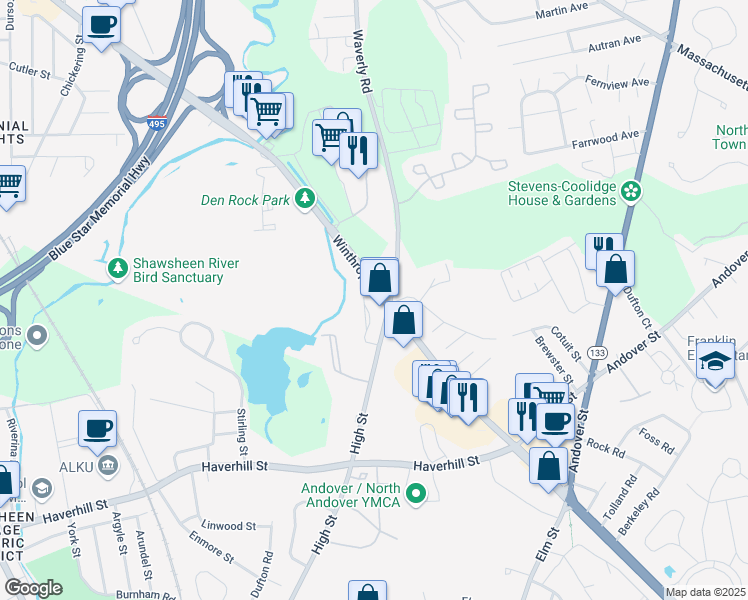 map of restaurants, bars, coffee shops, grocery stores, and more near 435 Winthrop Avenue in Lawrence